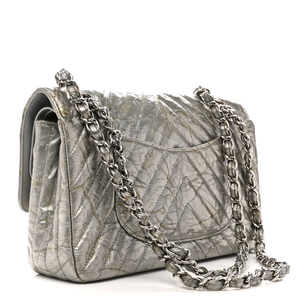Chanel Metallic Patent Crumpled Calfskin Chevron Quilted Medium Double Flap Silver