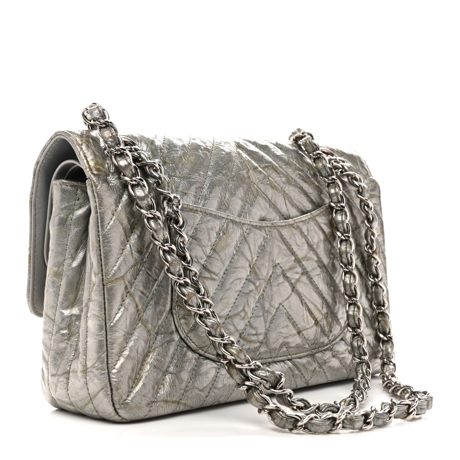Chanel Metallic Patent Crumpled Calfskin Chevron Quilted Medium Double Flap Silver