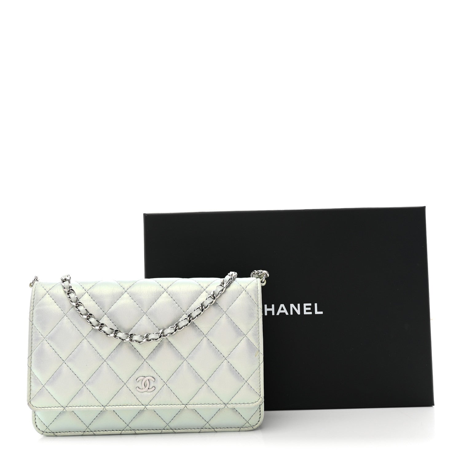 Chanel Iridescent Calfskin Quilted Wallet On Chain WOC Light Blue