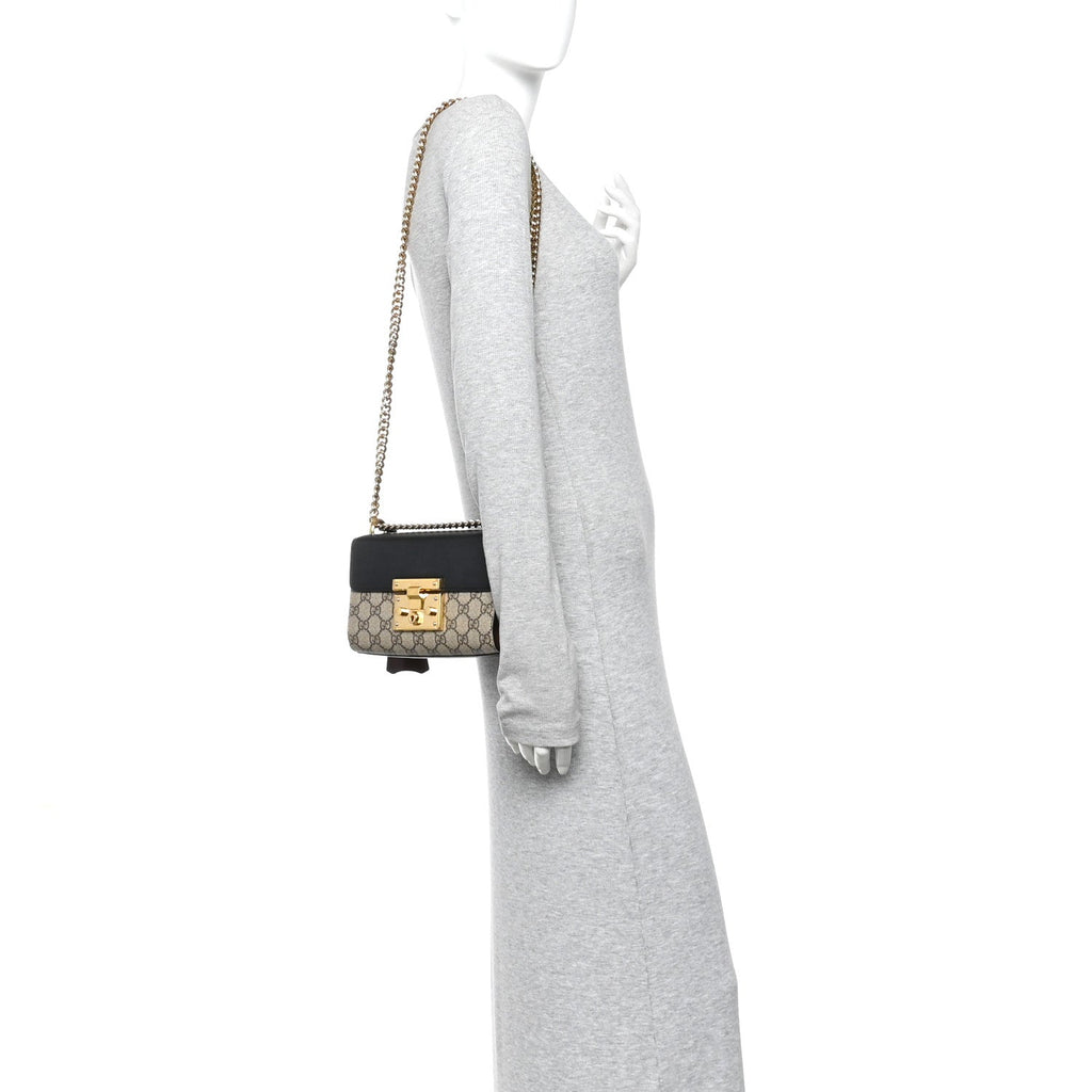 Gucci GG Supreme Monogram Calfskin Small Padlock Shoulder Bag Beige Black Cuir