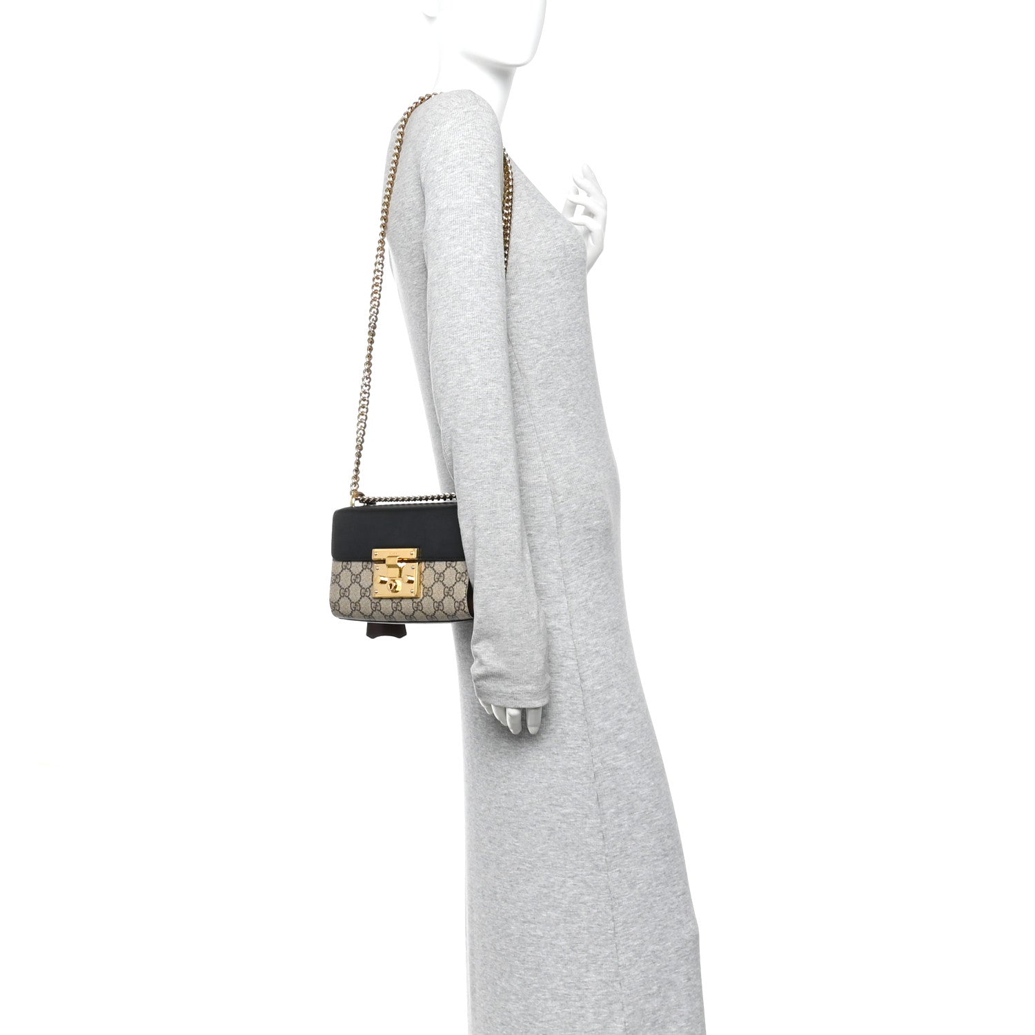 Gucci GG Supreme Monogram Calfskin Small Padlock Shoulder Bag Beige Black Cuir