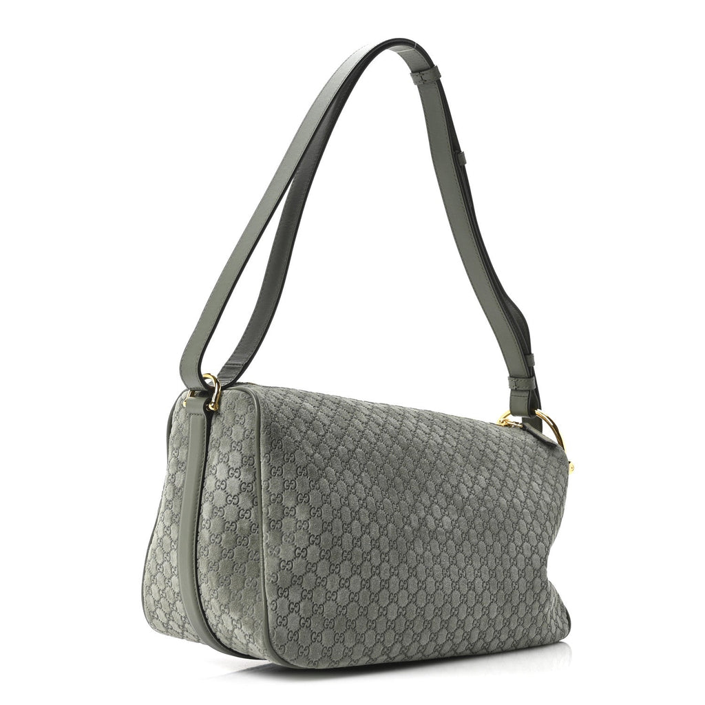 Gucci Suede GG Monogram Half Horsebit Medium Shoulder Bag Sage