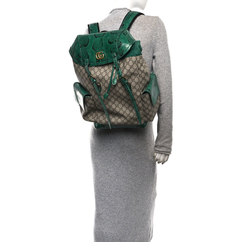 Gucci GG Supreme Monogram Snakeskin Ophidia Double Buckle Backpack Brown Green