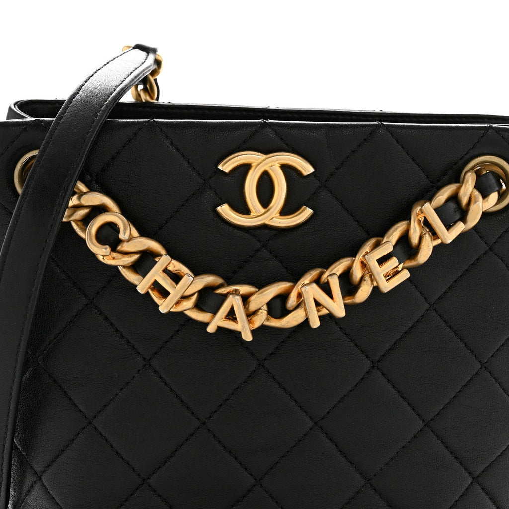 Chanel Lambskin Quilted Chaine Lettre Small Bucket Bag Black