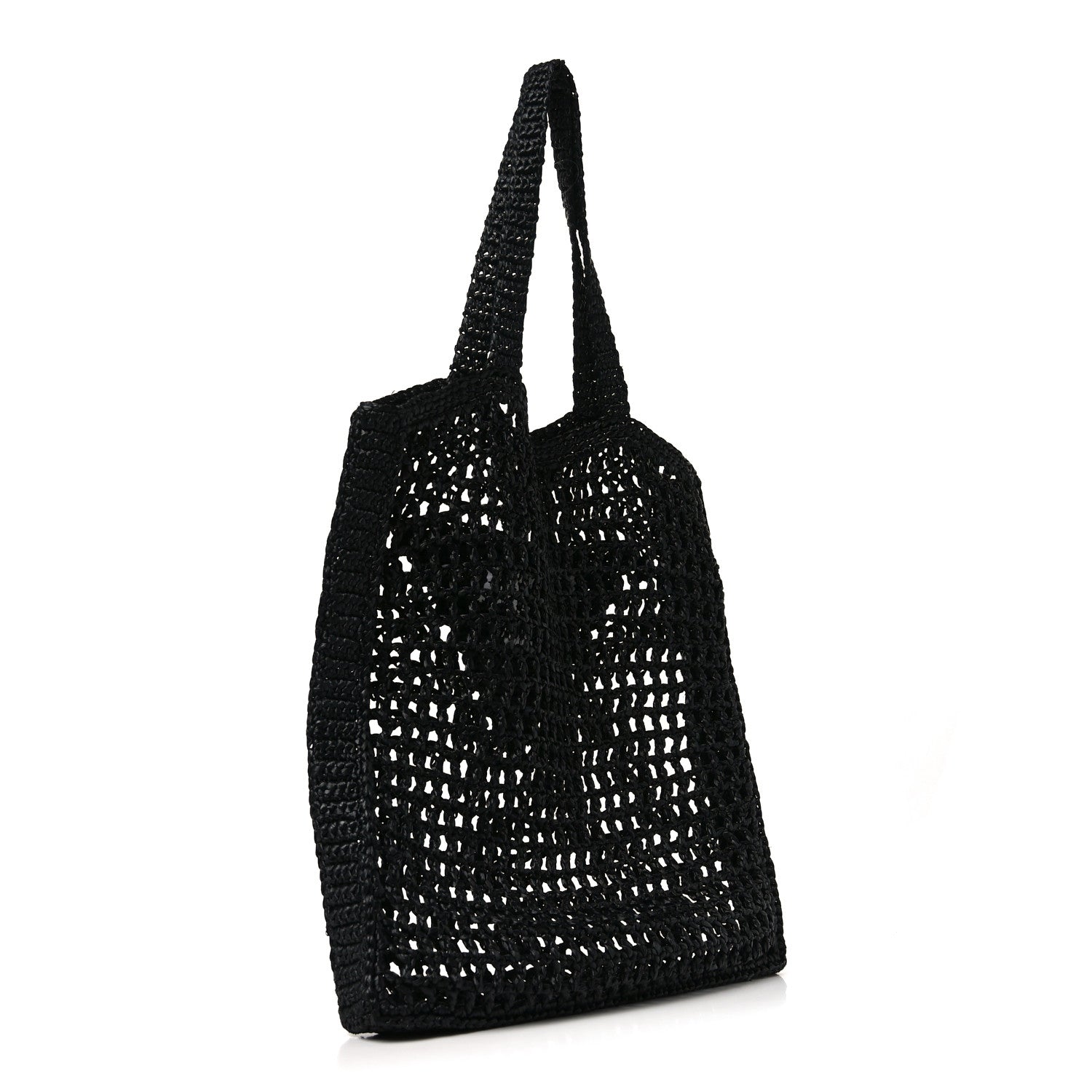 Prada Yarn Raffia Effect Crochet Logo Embroidered Tote Bag Black