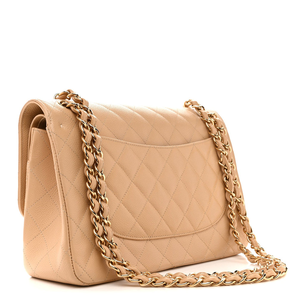 Chanel Caviar Quilted Jumbo Double Flap Beige