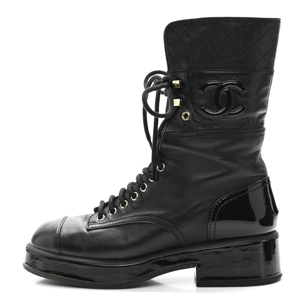 Lambskin Patent Calfskin Quilted CC Lace Up Combat Boots 37 Black
