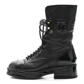 Lambskin Patent Calfskin Quilted CC Lace Up Combat Boots 37 Black