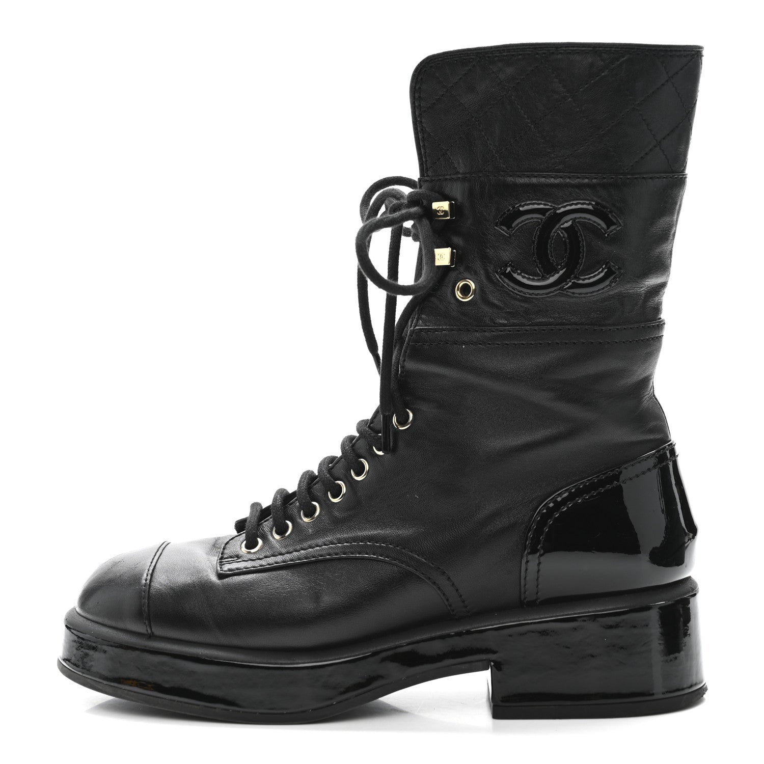 Lambskin Patent Calfskin Quilted CC Lace Up Combat Boots 37 Black