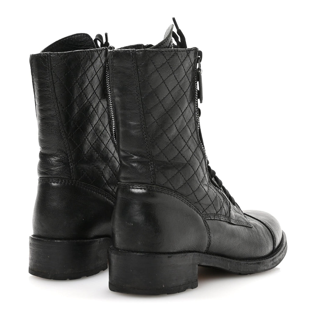 Chanel Sheepskin Quilted CC Tall Lace Up Combat Boots 38.5 Black