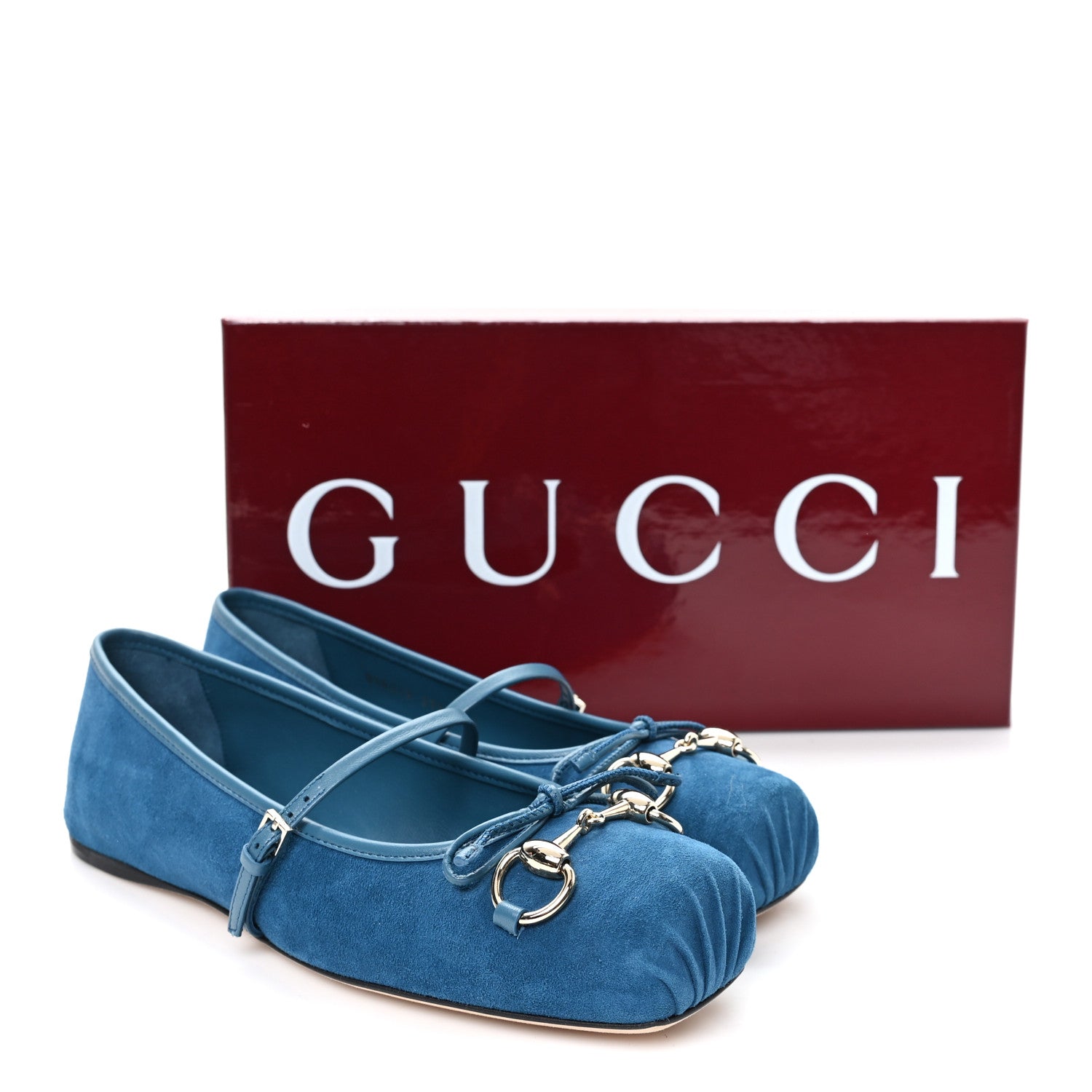 Gucci Kid Scamosciato Horsebit Ballet Flats 37.5 Deep Acqua