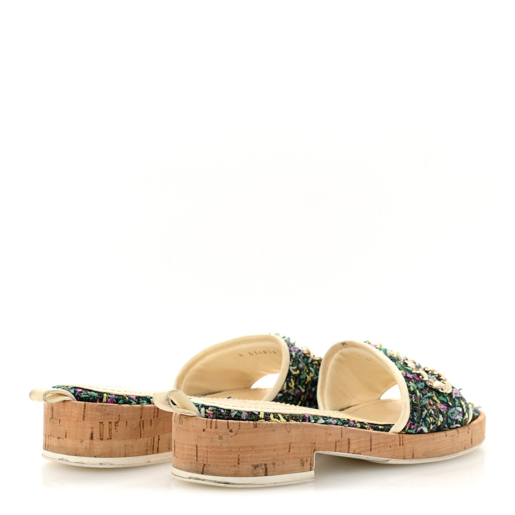 Chanel Tweed Cork CC Chain Mule Sandal 36.5 Green Multicolor