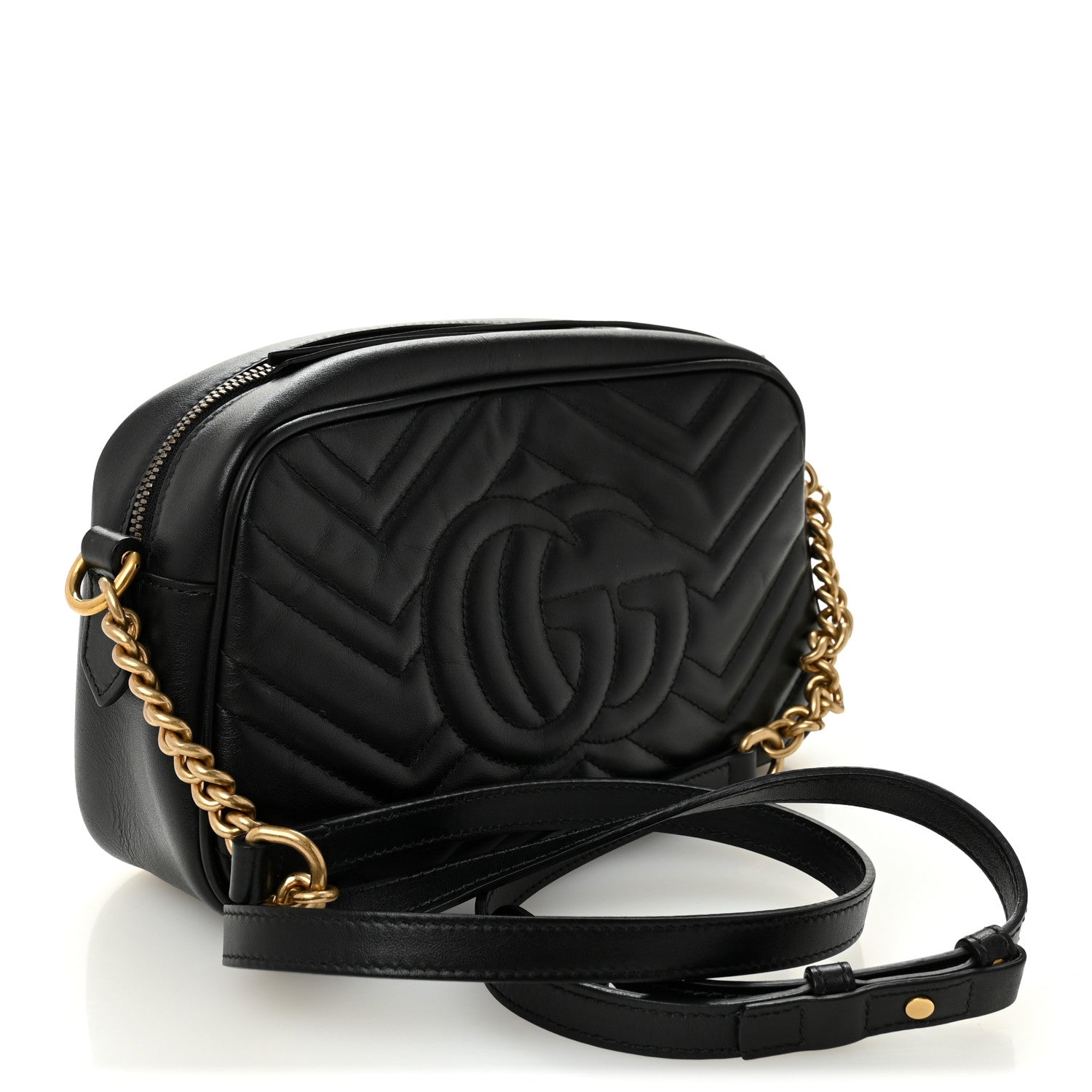 Gucci Calfskin Matelasse Small GG Marmont Chain Shoulder Bag Black