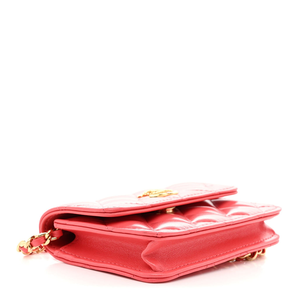 Chanel Shiny Lambskin Quilted Card Holder On Chain Pink