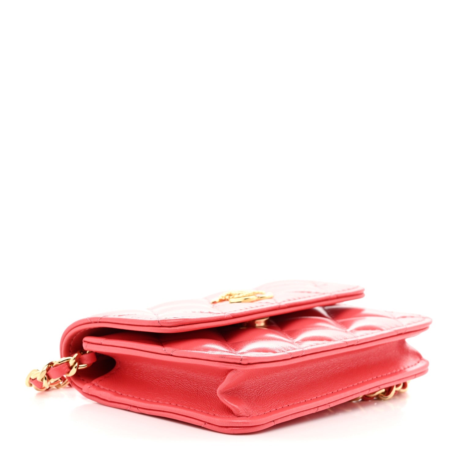 Chanel Shiny Lambskin Quilted Card Holder On Chain Pink