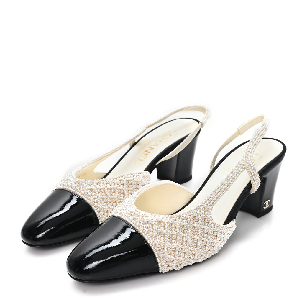 Pearl Patent Cap Toe CC Slingback Pumps 37 Ivory Black
