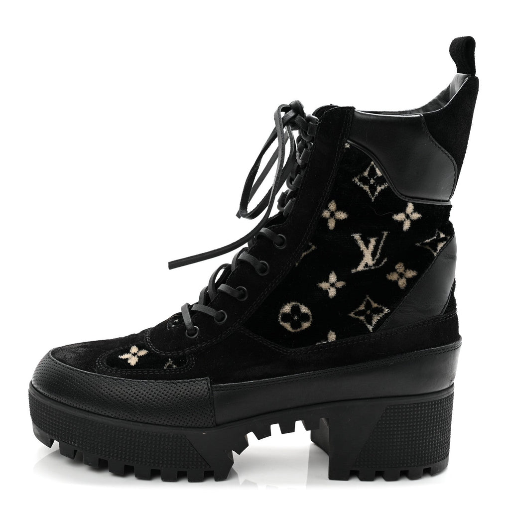 Louis Vuitton Velvet Calfskin Monogram Laureate Platform Desert Boots 40 Black White