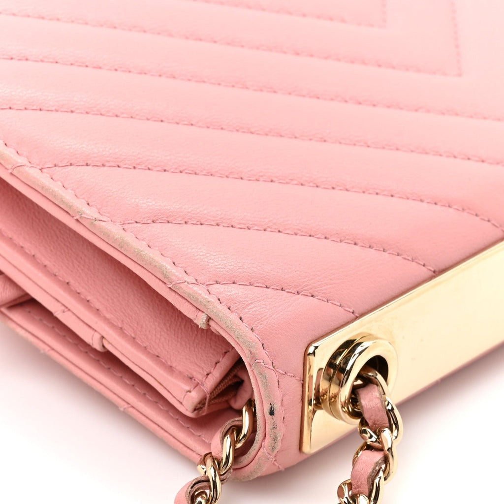 Chanel Lambskin Chevron Quilted Trendy CC Wallet On Chain WOC Pink