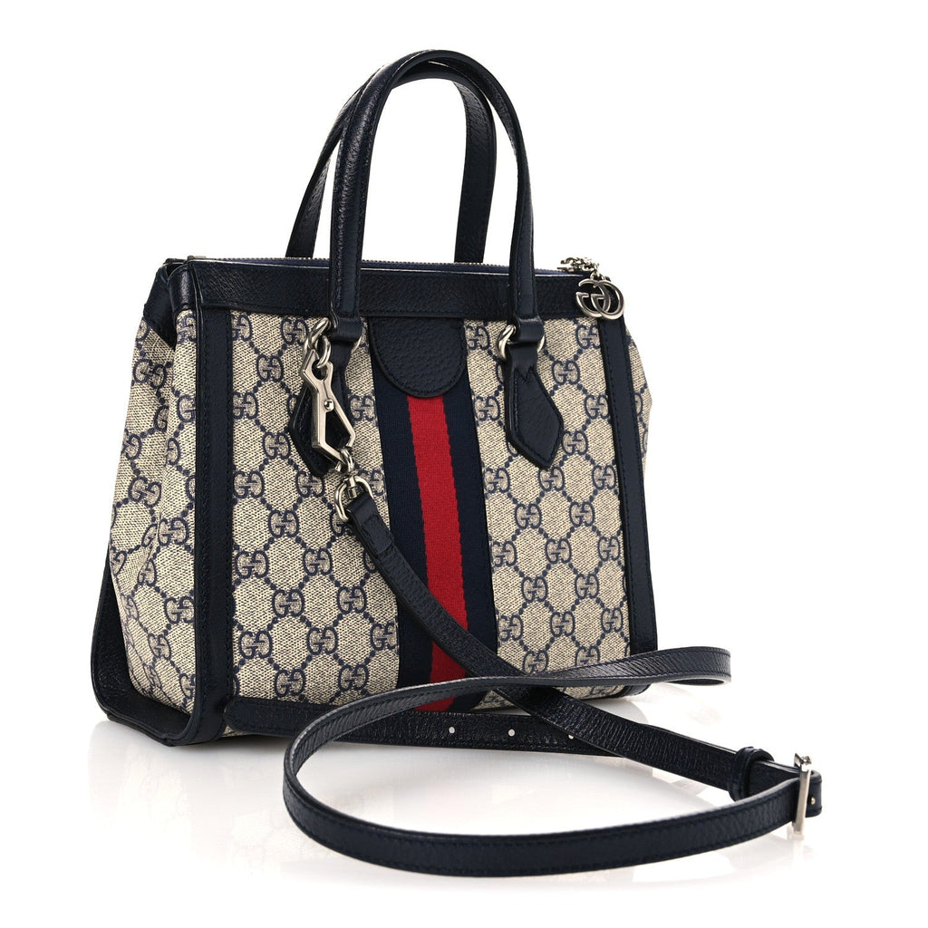 Gucci GG Supreme Monogram Textured Dollar Calfskin Web Small Ophidia Tote Bag Beige Blue