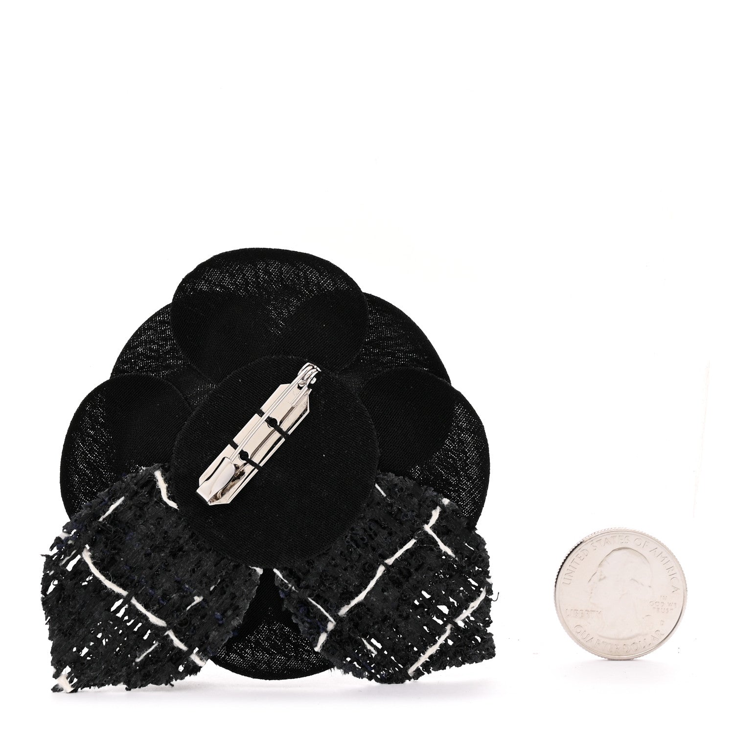 Chanel Tweed Fabric Camellia Pin Brooch Black