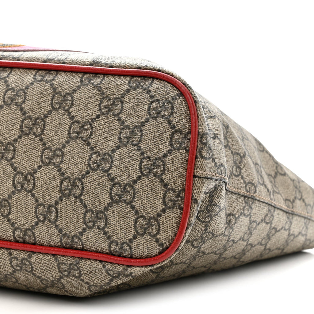 Gucci Soft GG Supreme Monogram Web Bosco Patch Small Crossbody Tote Beige Malva Hibiscus Red