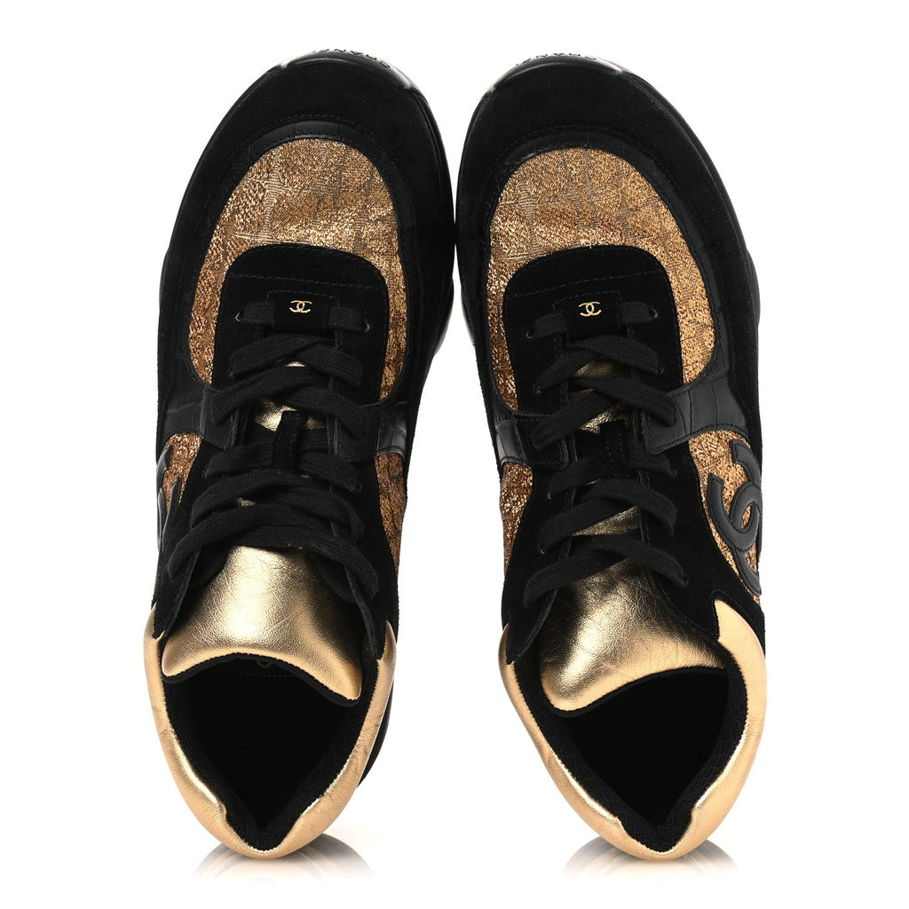 Metallic Fabric Suede Calfskin Crocodile Embossed Mens CC Sneakers 45 Black Gold