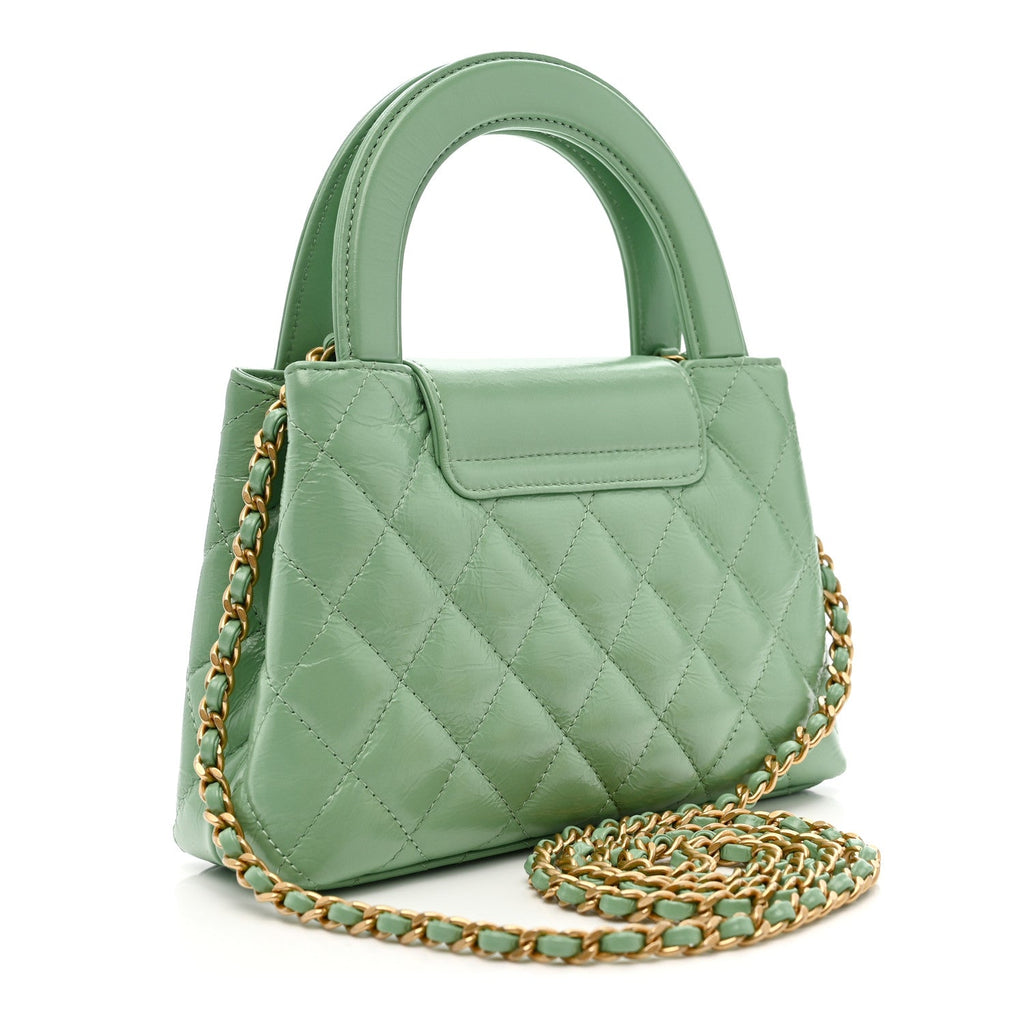 Chanel Shiny Aged Calfskin Quilted Nano Kelly Shopper Light Green