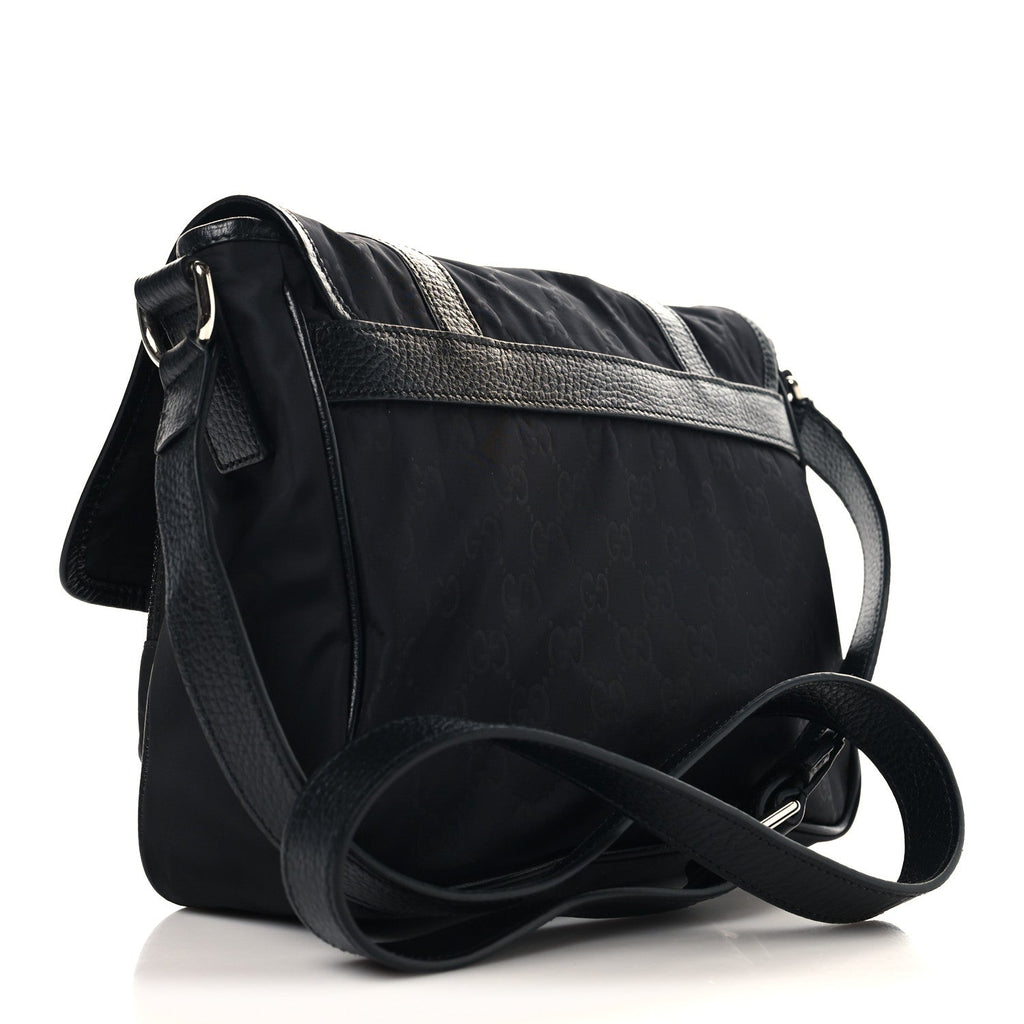 Gucci Nylon Monogram Double Buckle Flap Messenger Bag Black