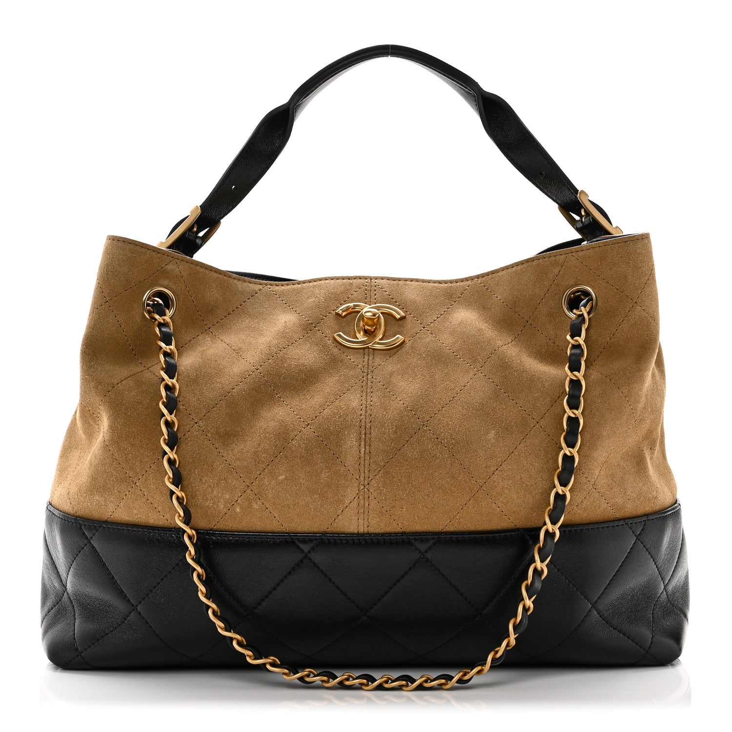 Chanel Suede Calfskin Shiny Lambskin Quilted Small Coco Base Shopping Bag Beige Black