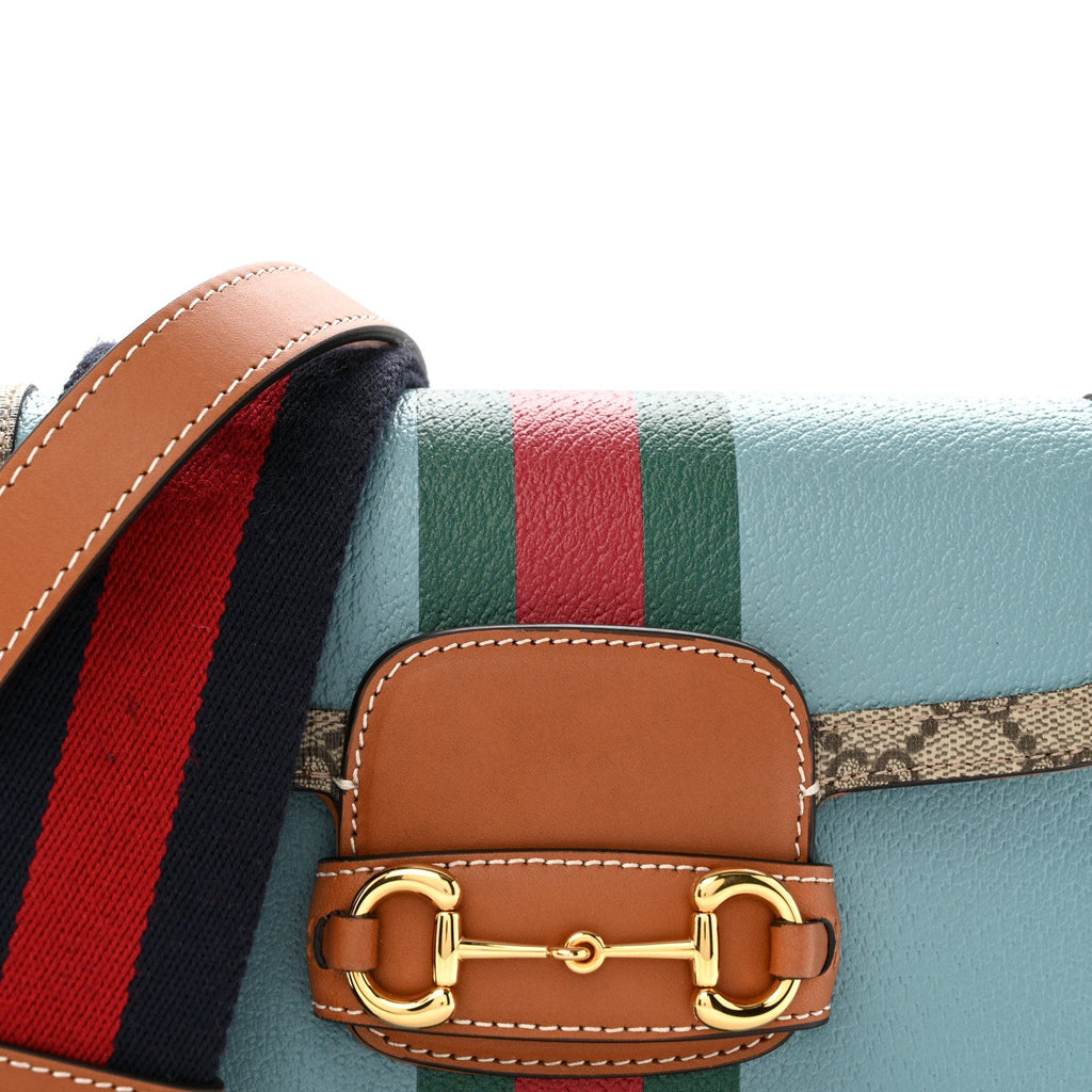 Gucci X DANS LE VERT Textured Dollar Calfskin GG Supreme Monogram Web Mini Horsebit 1955 Shoulder Bag Dusty Azure Beige Ebony