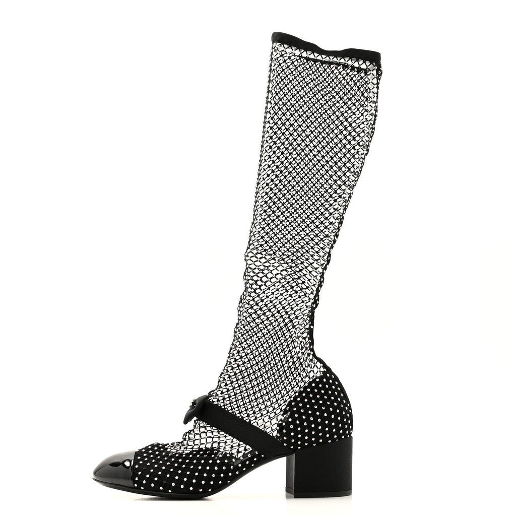 Mesh Crystal Patent CC Bow High Boots 38.5 Black