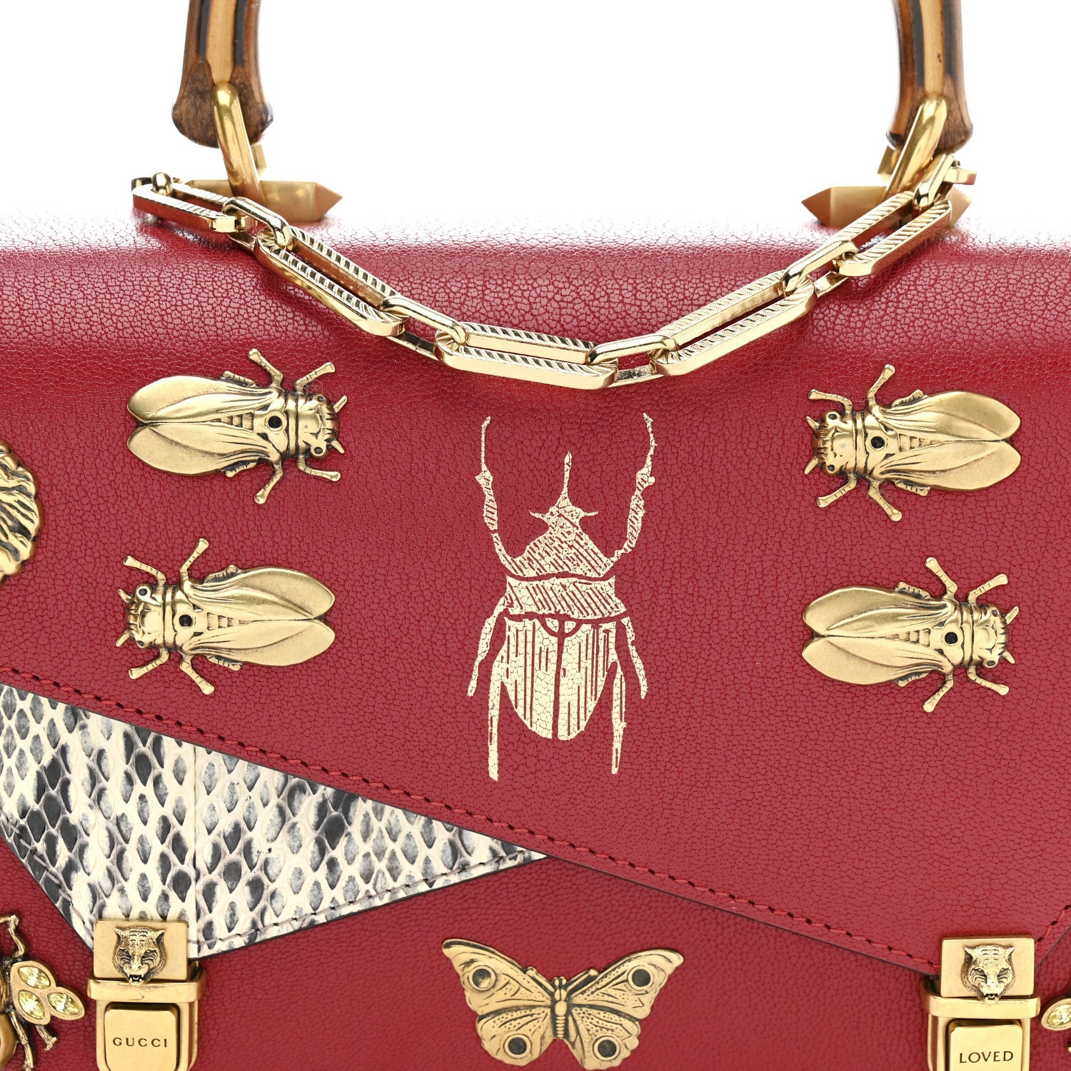 Gucci Calfskin Snakeskin Studded Small Ottilia Top Handle Bag Hibiscus Red
