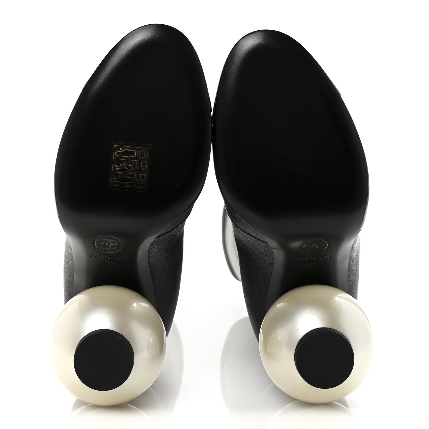 Chanel Stretch Lambskin Patent Cap Toe Pearl Ball Mid Calf Boots 35 Black