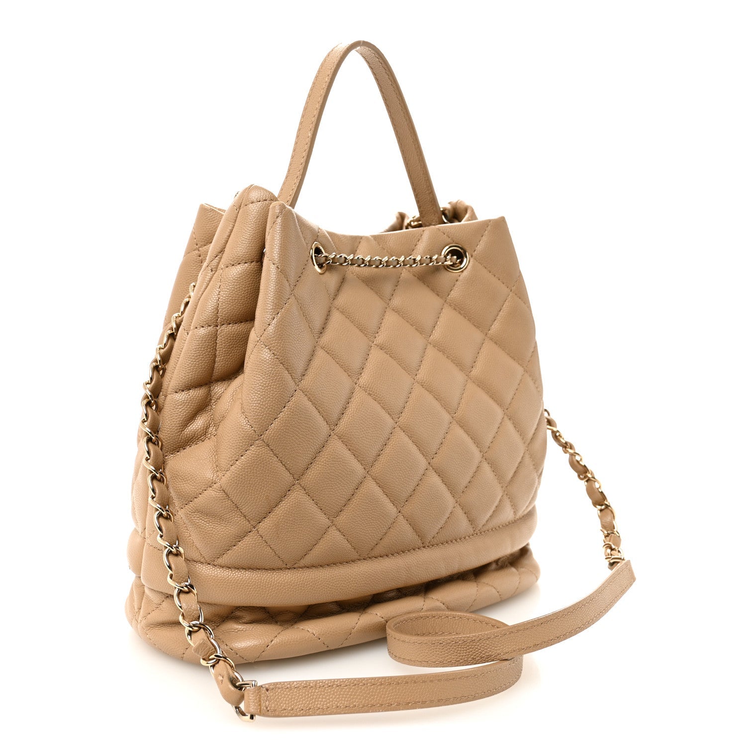 Chanel Caviar Quilted Large Rolled Up Bucket Drawstring Bag Beige