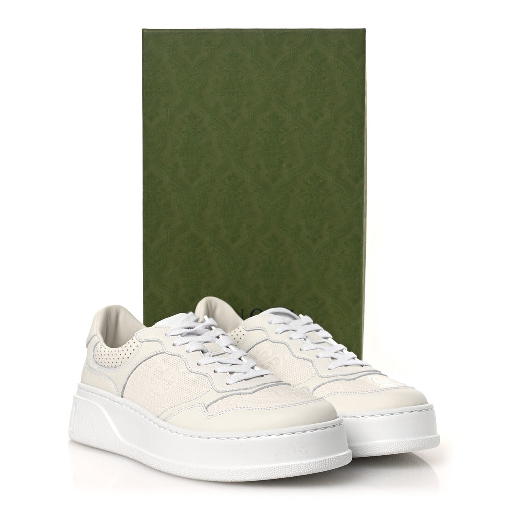 Gucci Calfskin GG Tennis Embossed Perforated Womens Platform 55mm Sneakers 40.5 Great White