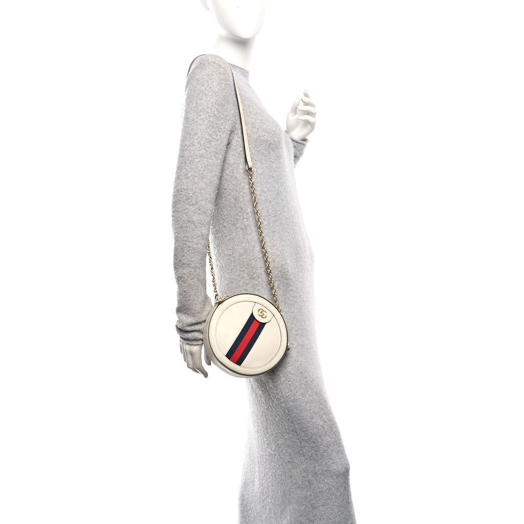 Gucci Textured Calfskin Web Mini Ophidia Round Shoulder Bag Mystic White