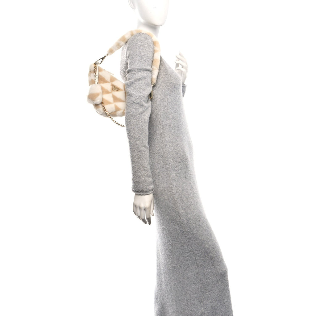 Prada Shearling Symbole Mini Triangle Bag Ecru White