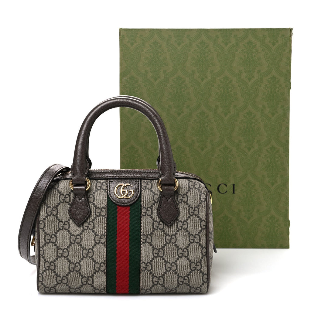 Gucci GG Supreme Monogram Textured Dollar Calfskin Web Mini Ophidia Top Handle Bag Beige Ebony New Acero