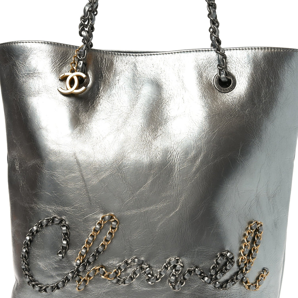 Chanel Metallic Crumpled Calfskin Chain 20s Signe Tote Silver