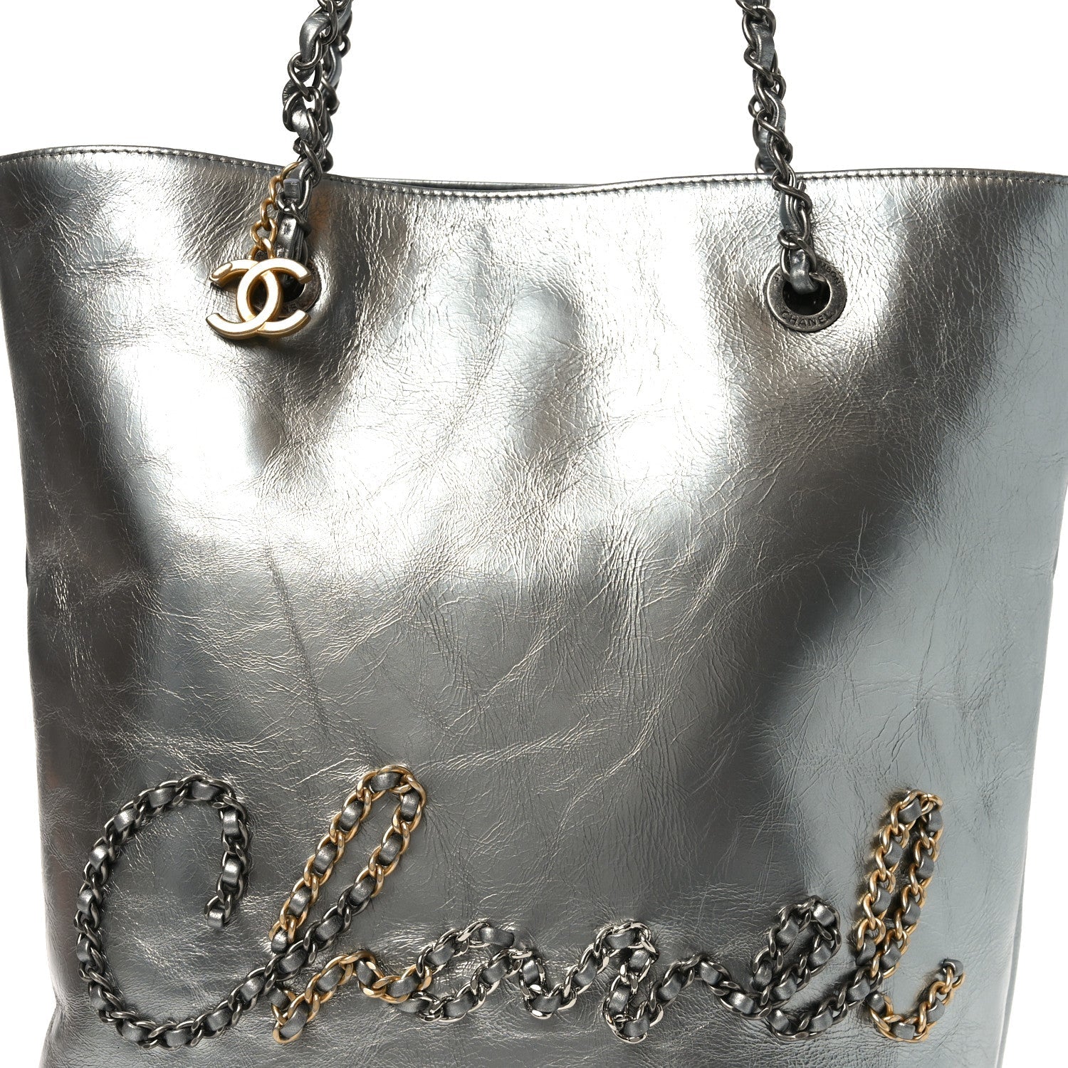 Chanel Metallic Crumpled Calfskin Chain 20s Signe Tote Silver