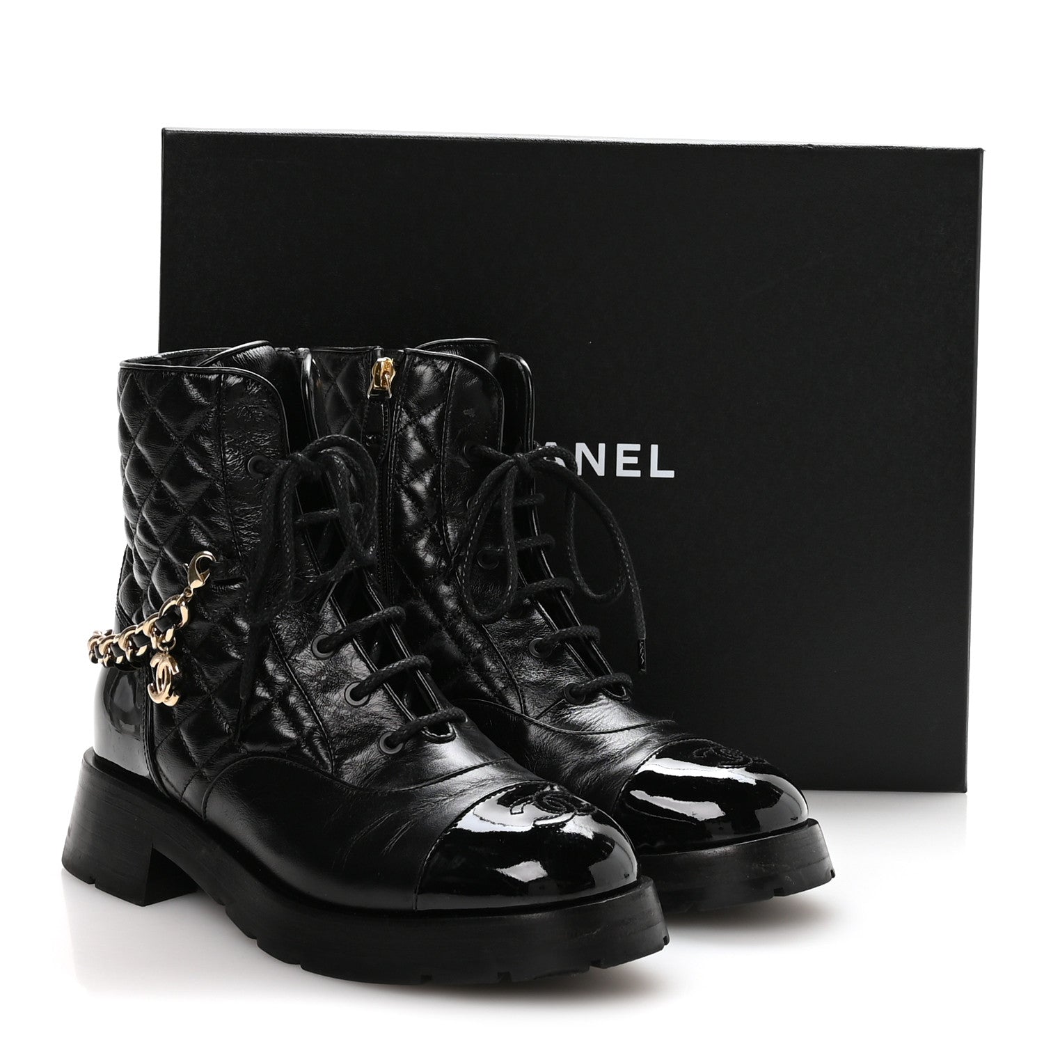 Chanel Shiny Calfskin Patent Quilted Chain Lace Up Combat Boots 40 Black