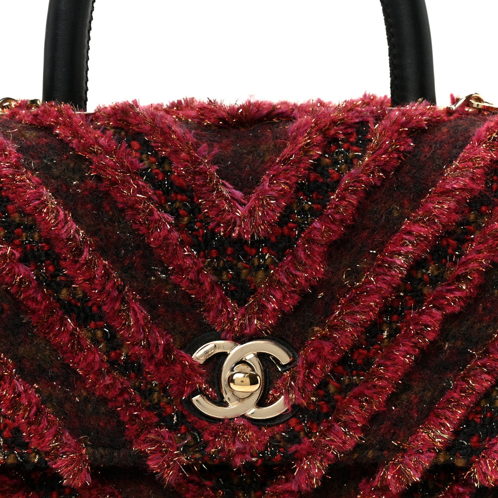 Chanel Tweed Fringe Mini Coco Handle Flap Red Black
