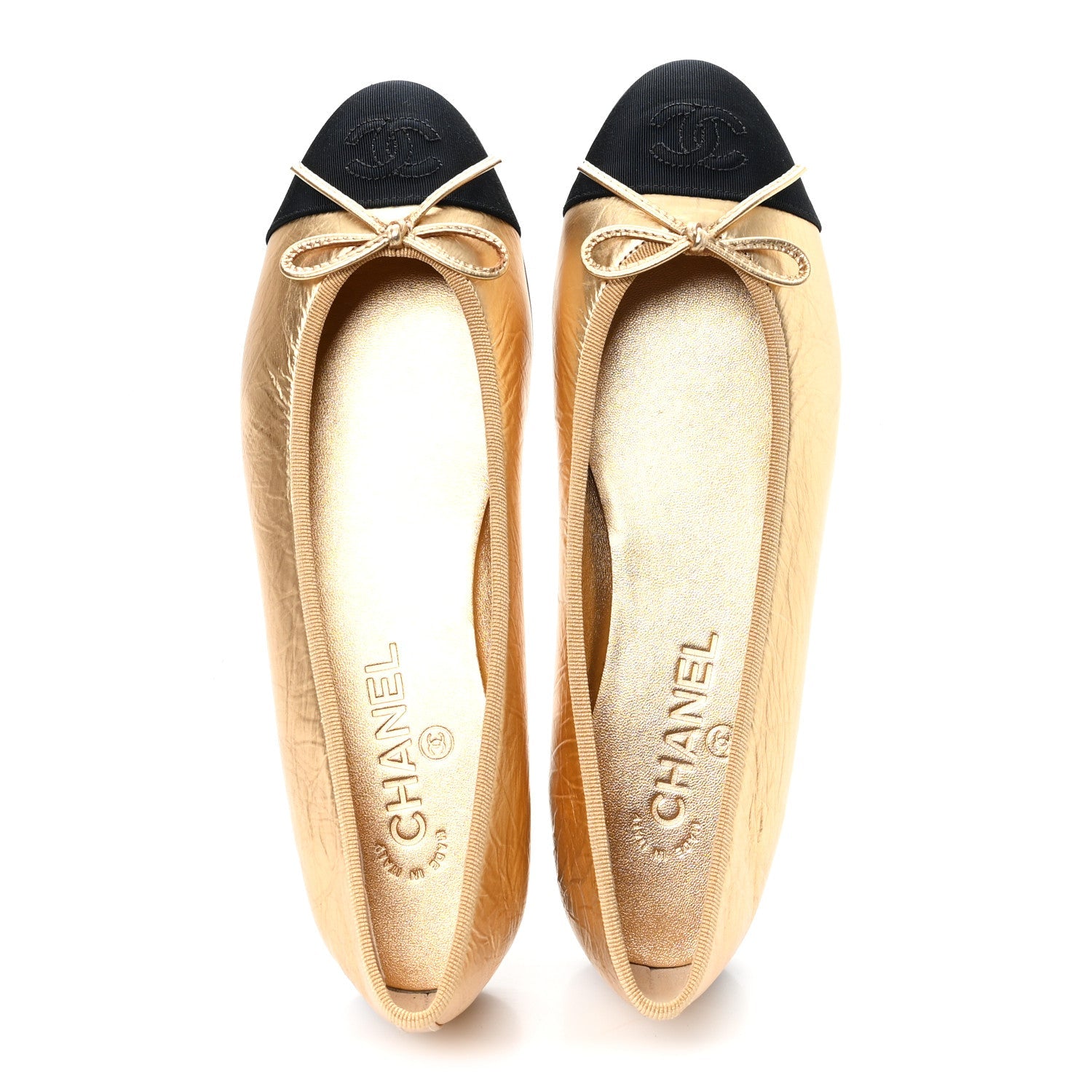 Laminated Lambskin Grosgrain Cap Toe CC Ballerina Flats 39.5 Dark Gold Black