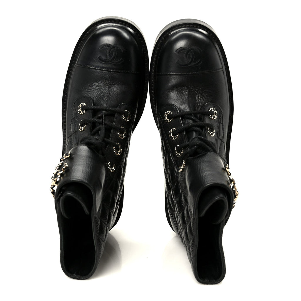 Chanel Shiny Goatskin Calfskin Quilted Lace Up Combat Boots 37.5 Black