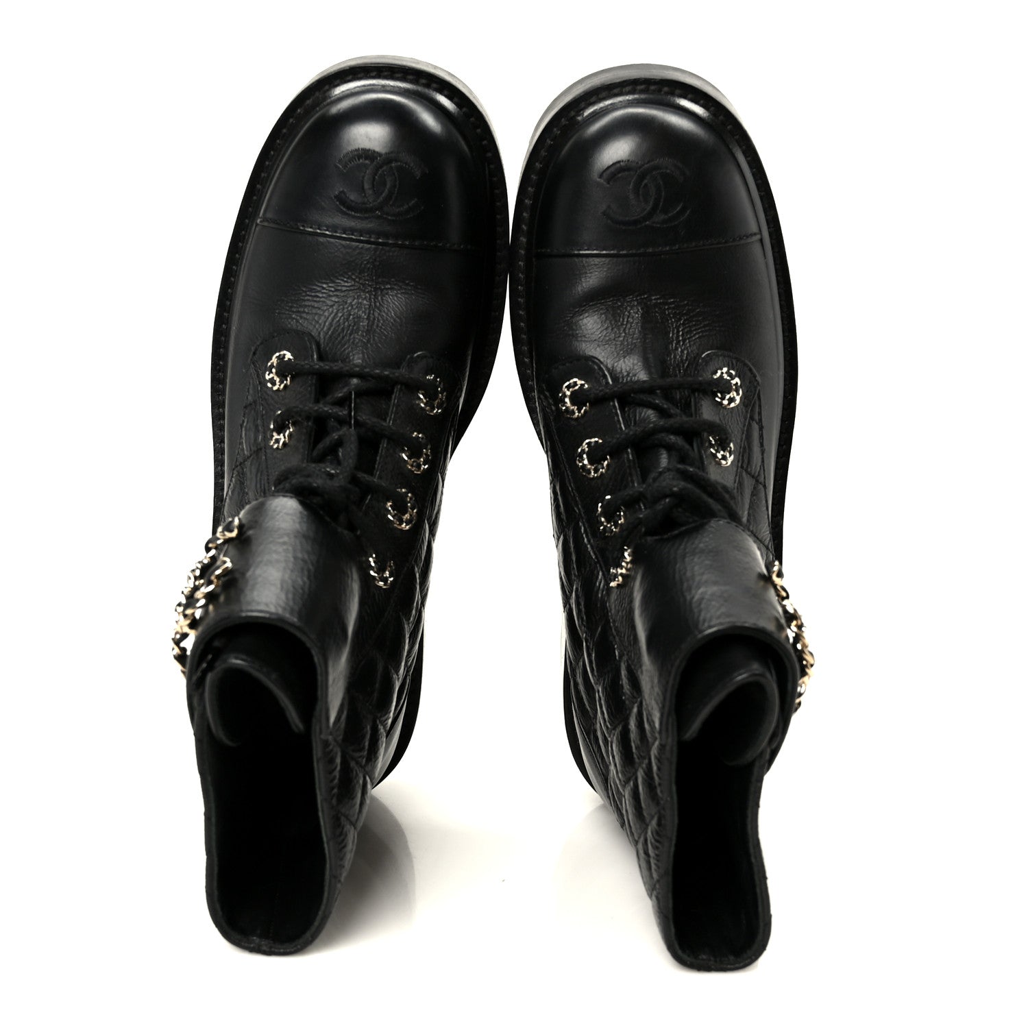 Chanel Shiny Goatskin Calfskin Quilted Lace Up Combat Boots 37.5 Black