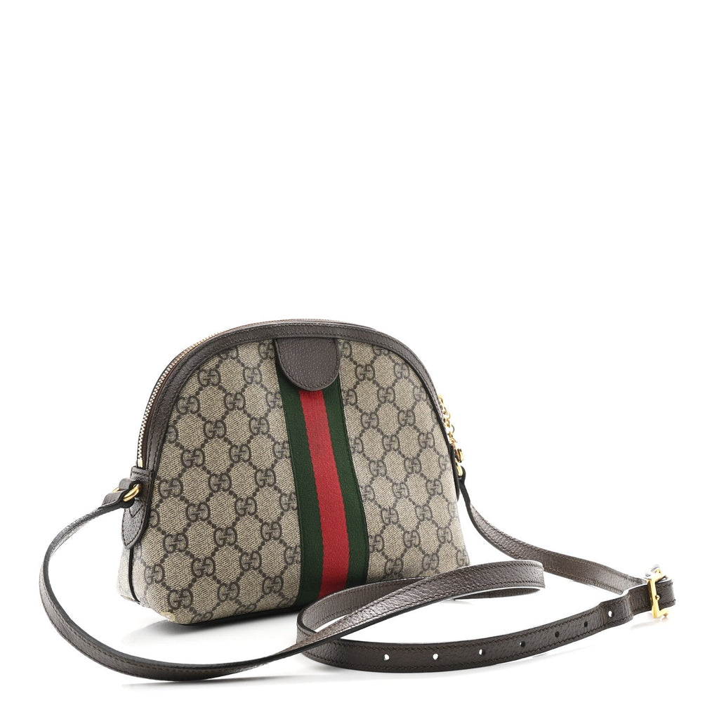 Gucci GG Supreme Monogram Textured Dollar Calfskin Web Small Ophidia Dome Shoulder Bag Beige Ebony New Acero