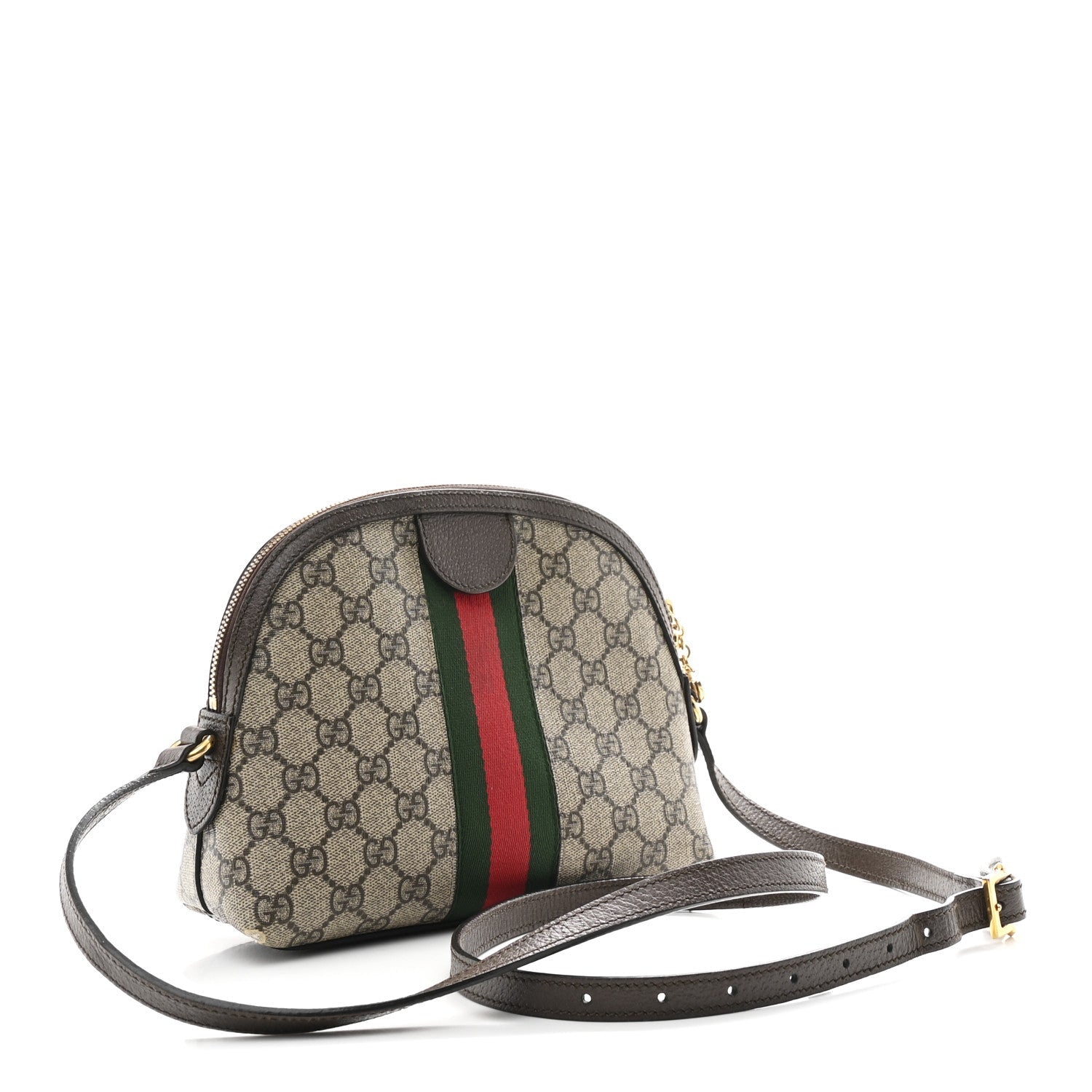 Gucci GG Supreme Monogram Textured Dollar Calfskin Web Small Ophidia Dome Shoulder Bag Beige Ebony New Acero