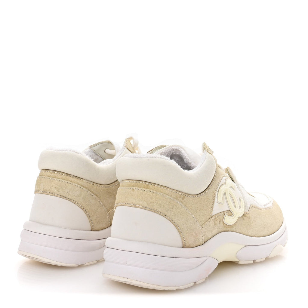 Chanel Suede Calfskin Fabric CC Sneakers 37.5 White