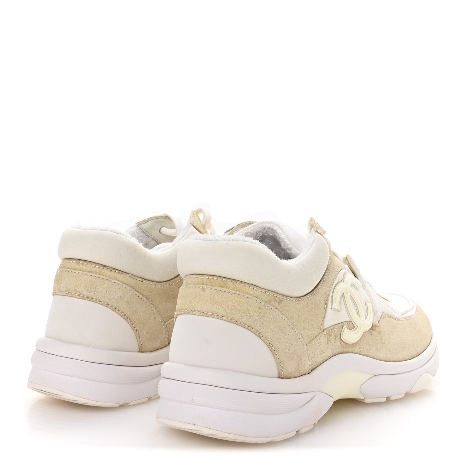 Chanel Suede Calfskin Fabric CC Sneakers 37.5 White