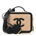 Chanel Caviar Quilted Small CC Filigree Vanity Case Beige Black